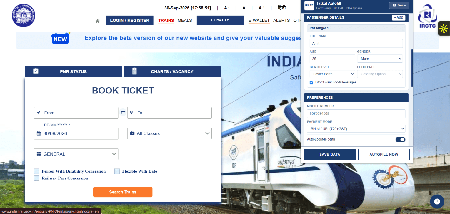 Passenger details and payment preference saved in IRCTC Tatkal Autofill Assistant